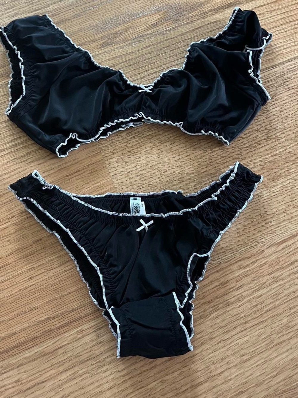 Black Ruffle Trim Bikini Set with White Contrast